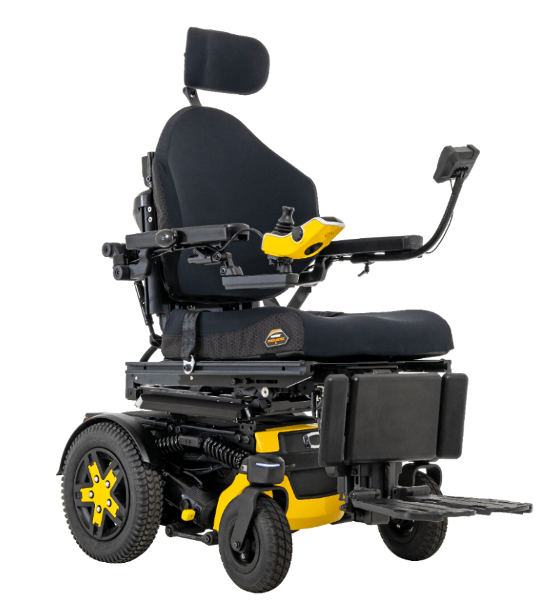 Electric power wheelchair with yellow accents and cushioned seating, featuring joystick controls and footrest.