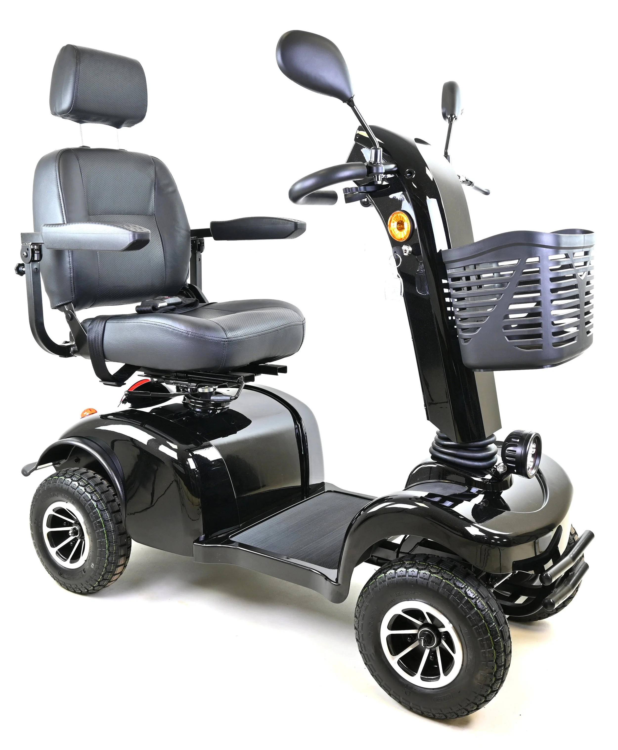 Black mobility scooter with a seat, handlebars, mirrors, and a basket.