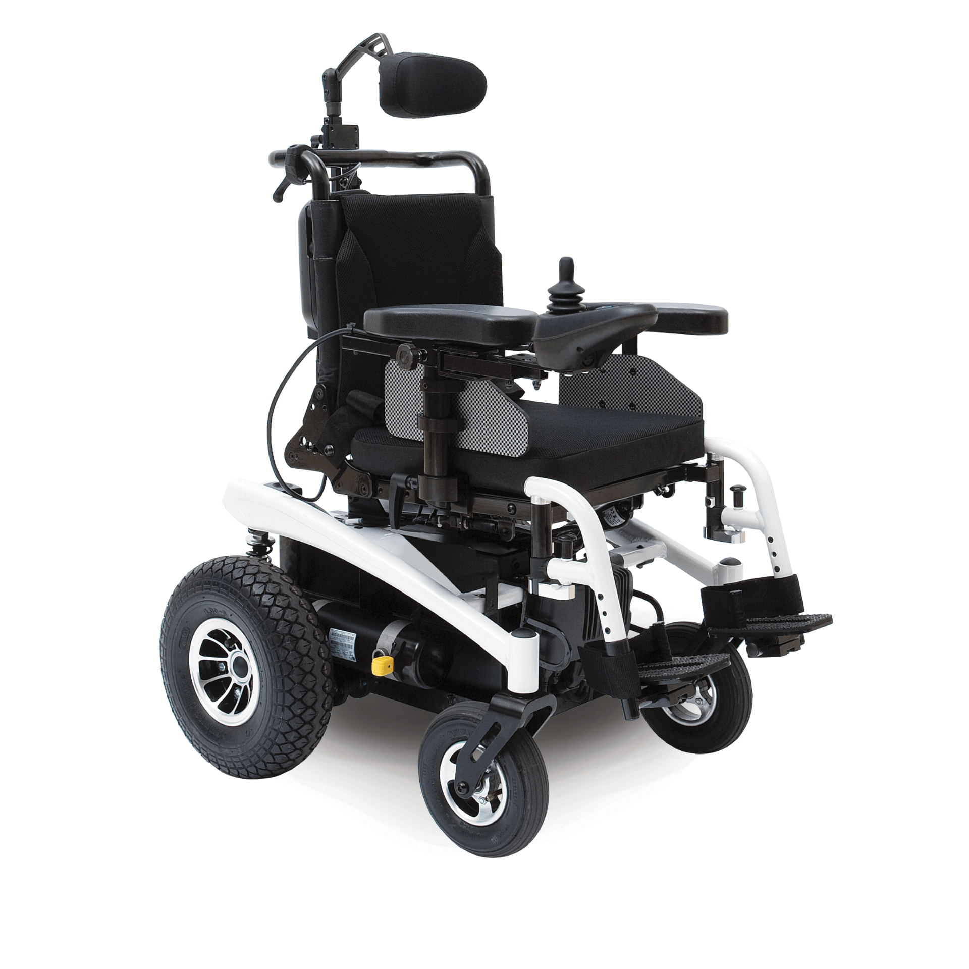 Electric wheelchair with black and white design, featuring a joystick controller and cushioned seat.