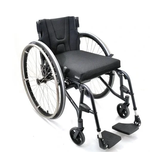 Lightweight manual wheelchair with black seat and backrest, silver frame, large rear wheels, and small front casters on a white background.