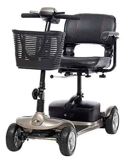 Mobility scooter with a front basket and padded seat