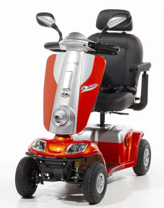 Red and silver mobility scooter with black seat and mirrors on a white background.