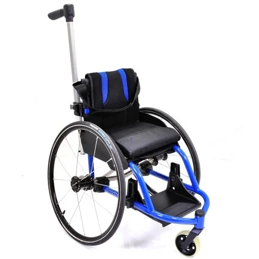 Lightweight blue wheelchair with a black seat and backrest, featuring a push handle and large rear wheels for mobility.