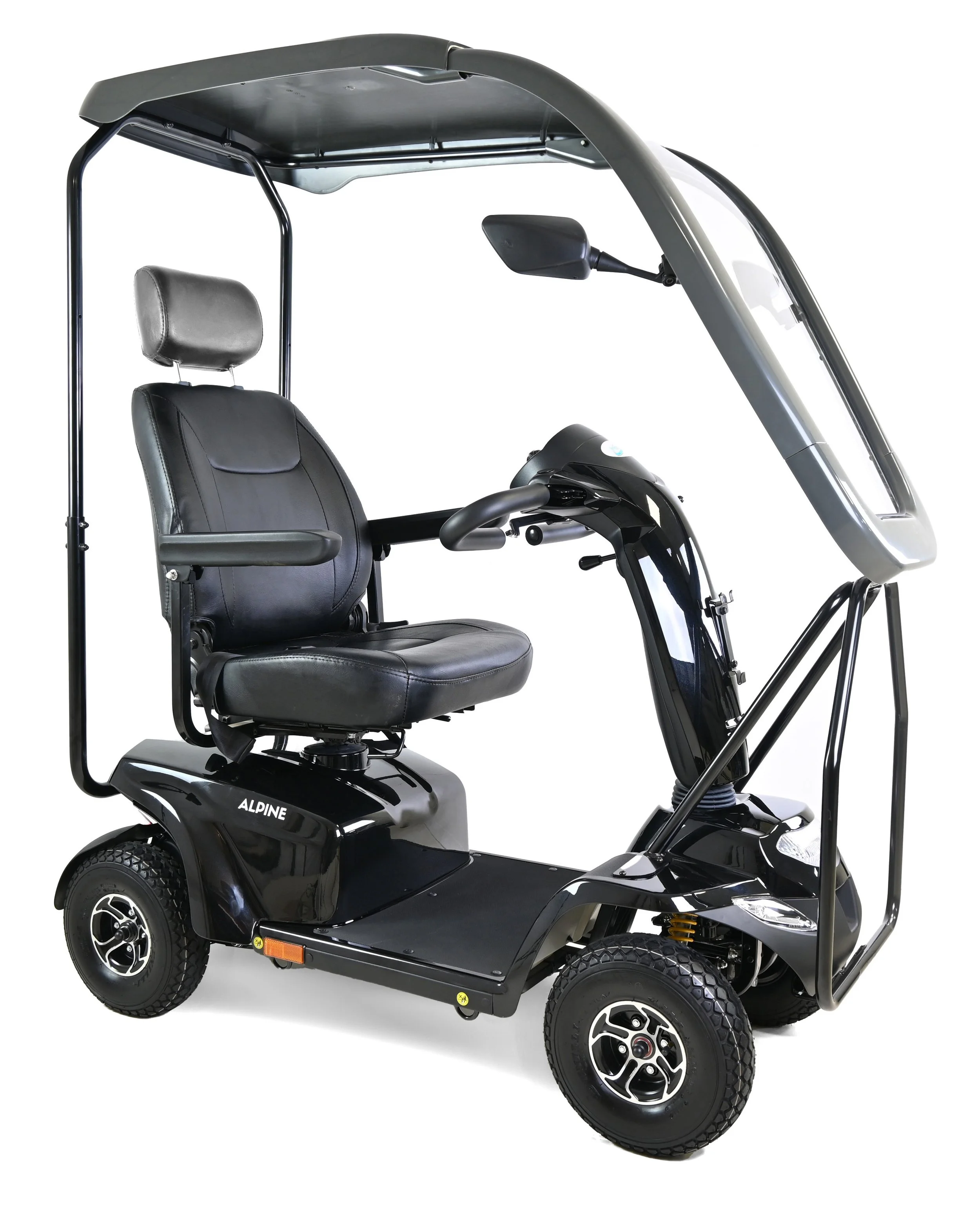 Electric mobility scooter with a canopy, black seat, handlebars, and four wheels on a white background.