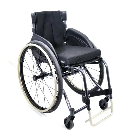 A lightweight manual wheelchair with black seat and backrest, featuring large rear wheels and smaller front caster wheels. It has footrests and armrests for user comfort.