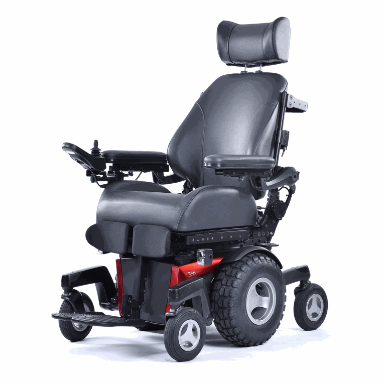 Electric wheelchair with black seat and red base, equipped with headrest and armrest.