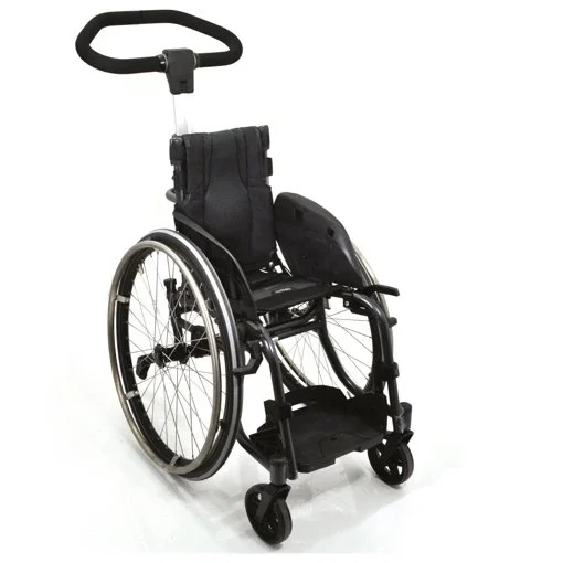 Manual wheelchair with a push handlebar, featuring large spoked wheels and small front casters, designed for mobility assistance.