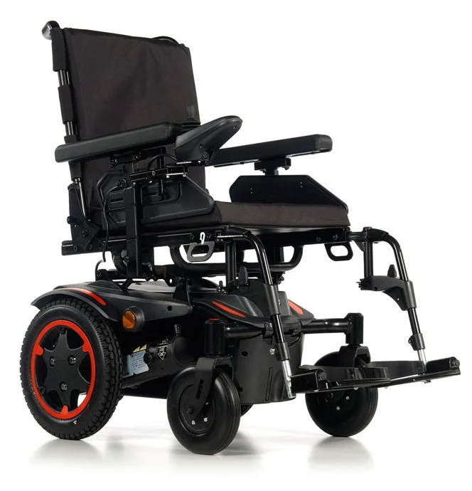 Electric wheelchair with black seat and red wheel accents