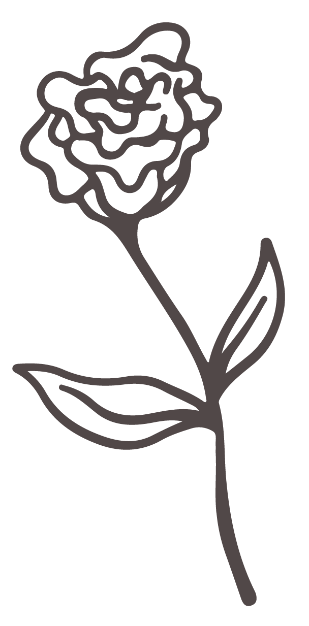 Outline drawing of a flower with a curved stem, two leaves, and a ruffled blossom.