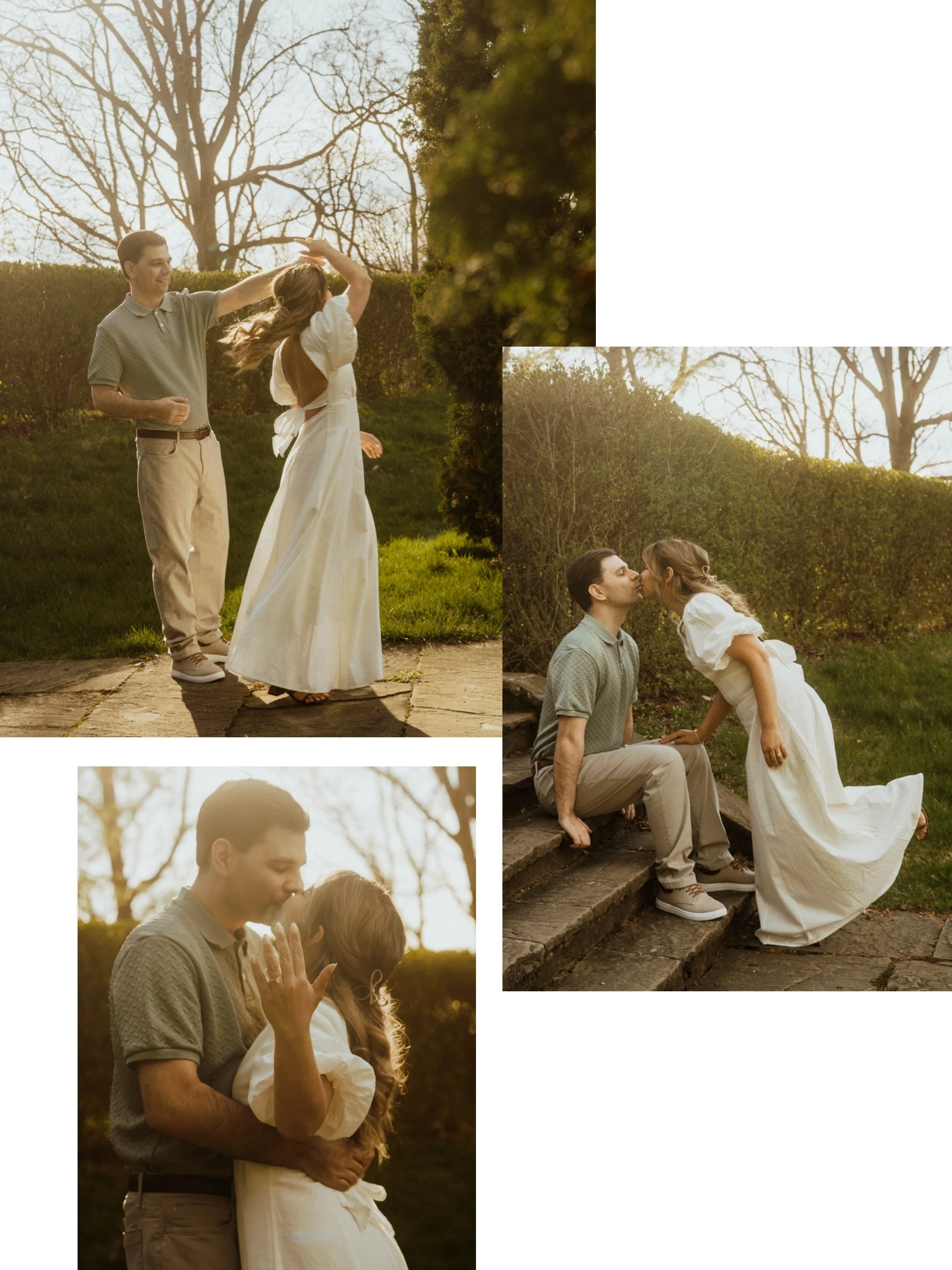 Couple dancing and sharing a kiss during a romantic engagement session at Battlefield Park in Hamilton, Ontario, captured in warm golden hour light with soft greenery
