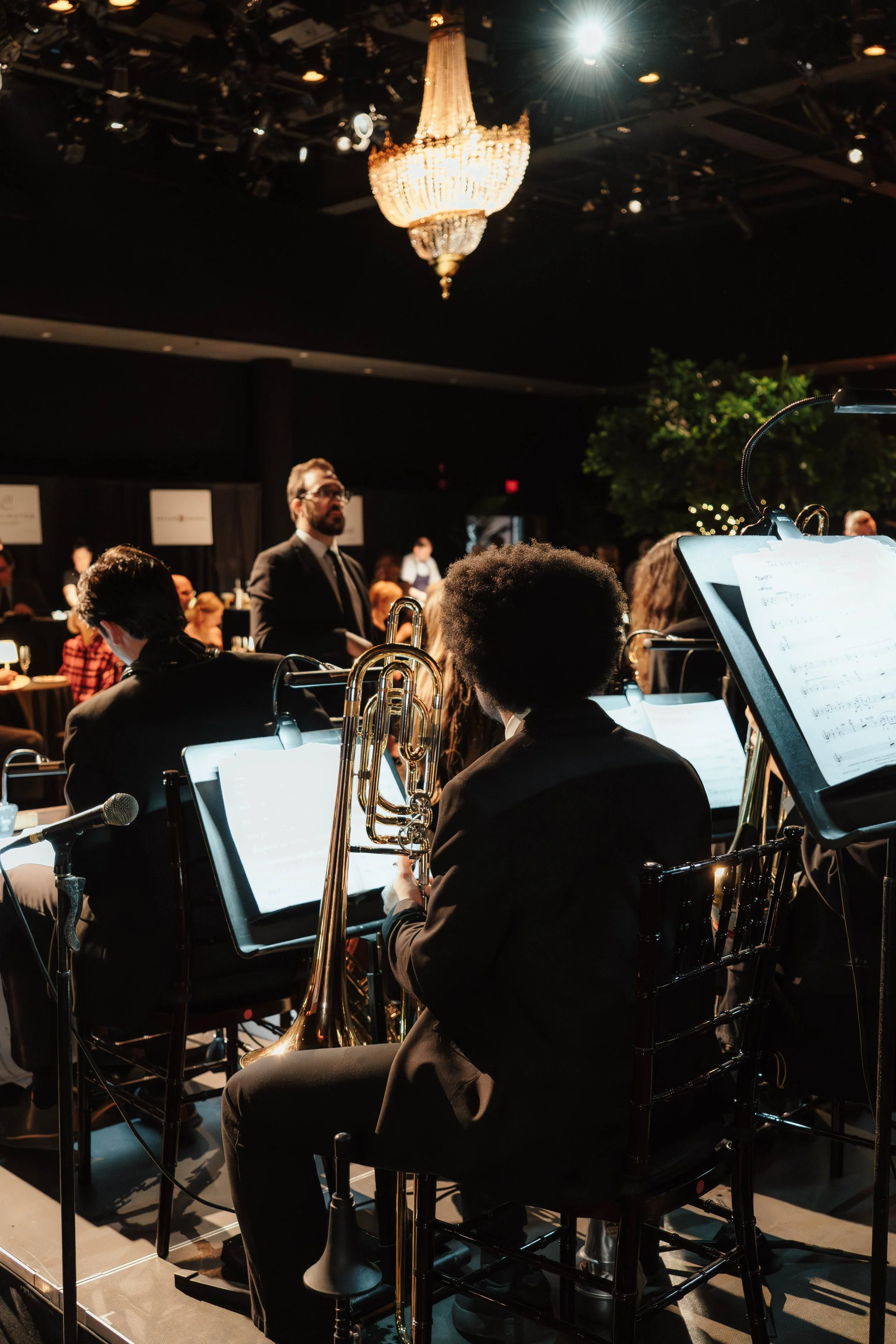 Orchestra performance with musicians reading sheet music, a conductor standing on stage, and a chandelier hanging from the ceiling.