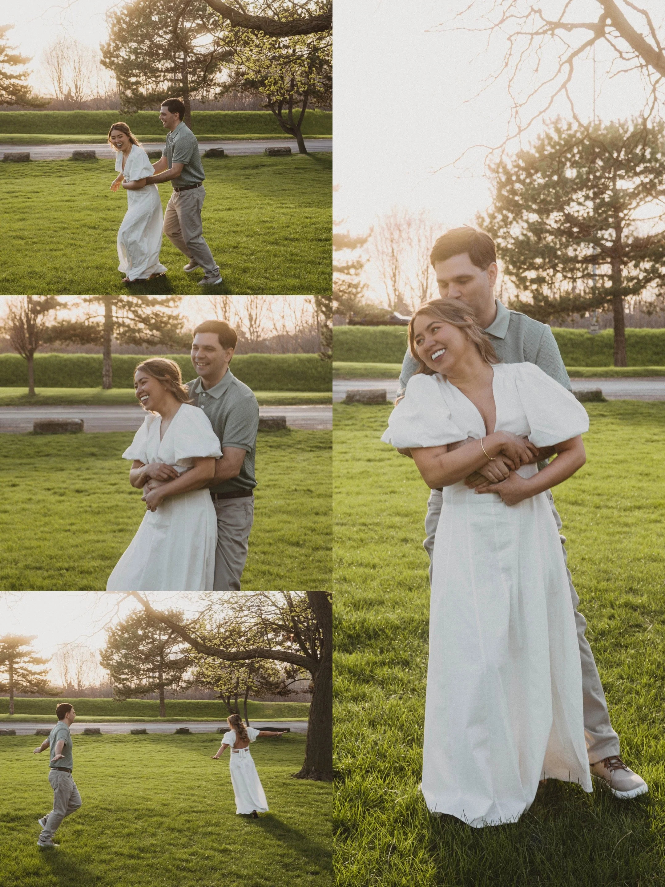 Couple laughing and embracing during a romantic engagement session at Battlefield Park in Hamilton, Ontario, captured in golden hour light with candid, playful moments on open greenery