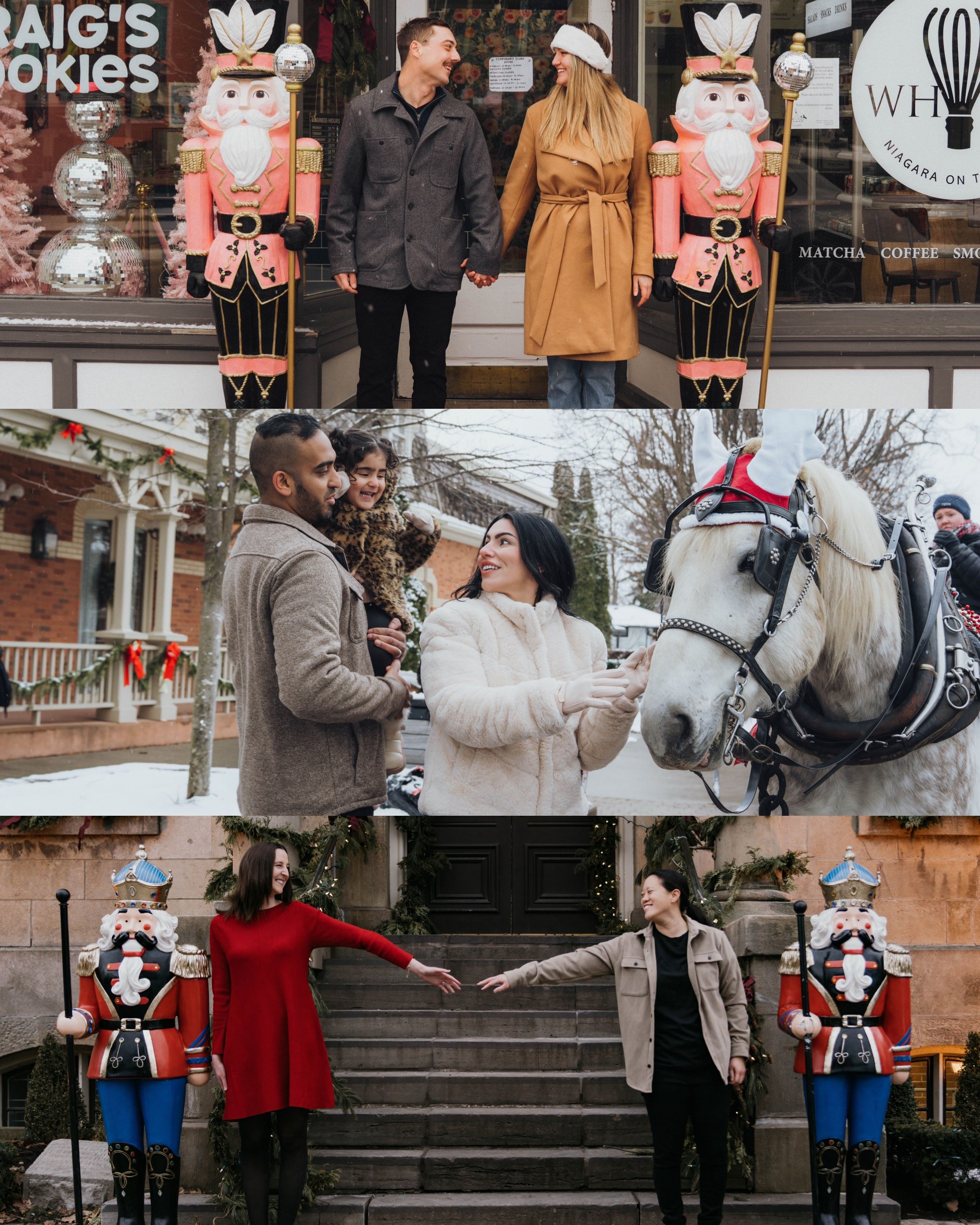 Christmas mini sessions in Niagara-on-the-Lake with couples and families surrounded by festive holiday decorations and a horse-drawn carriage.