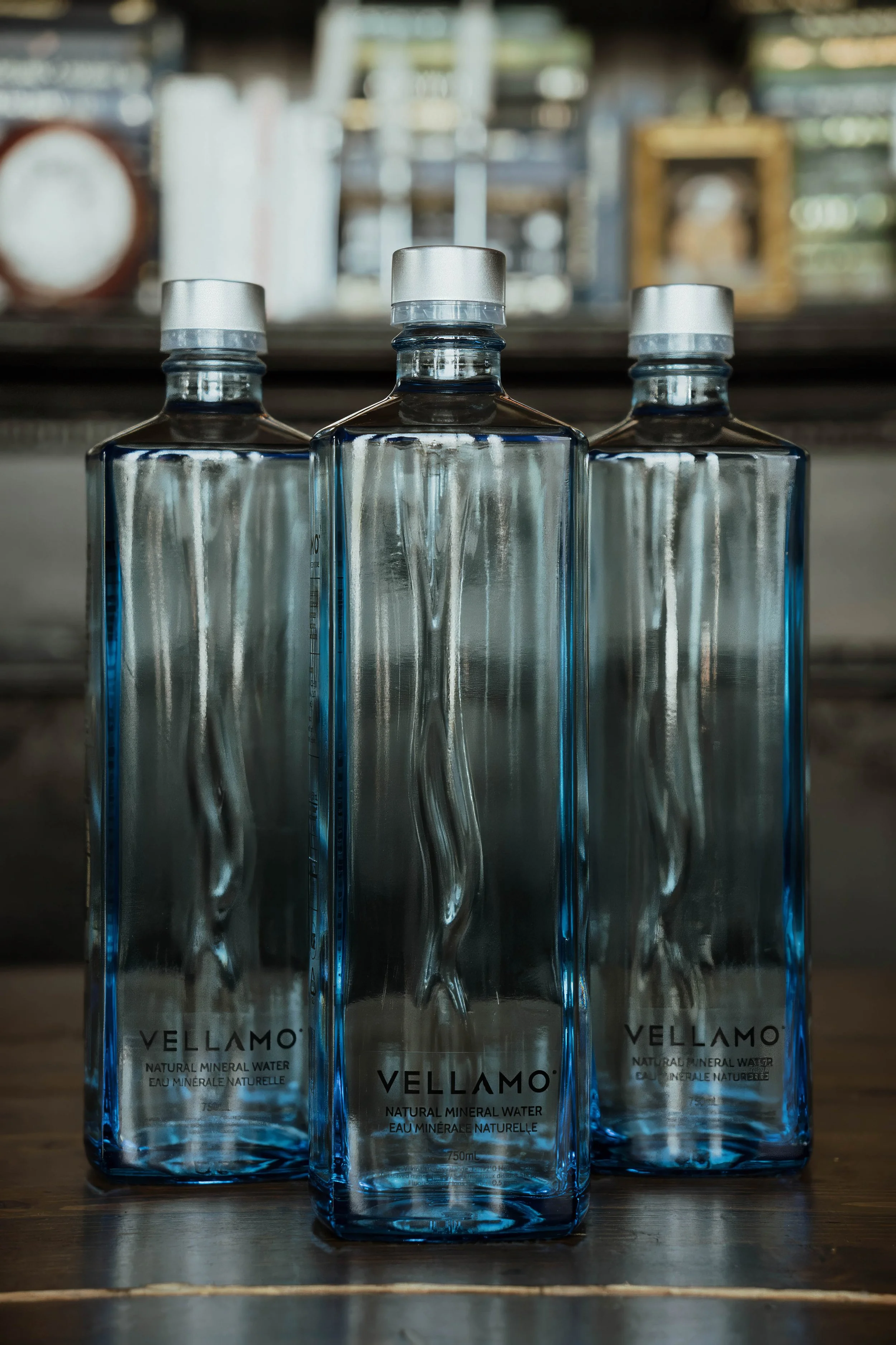 Close-up of Vellamo Natural Mineral Water bottles provided for a Toronto Olympic athlete editorial photoshoot and creative production.