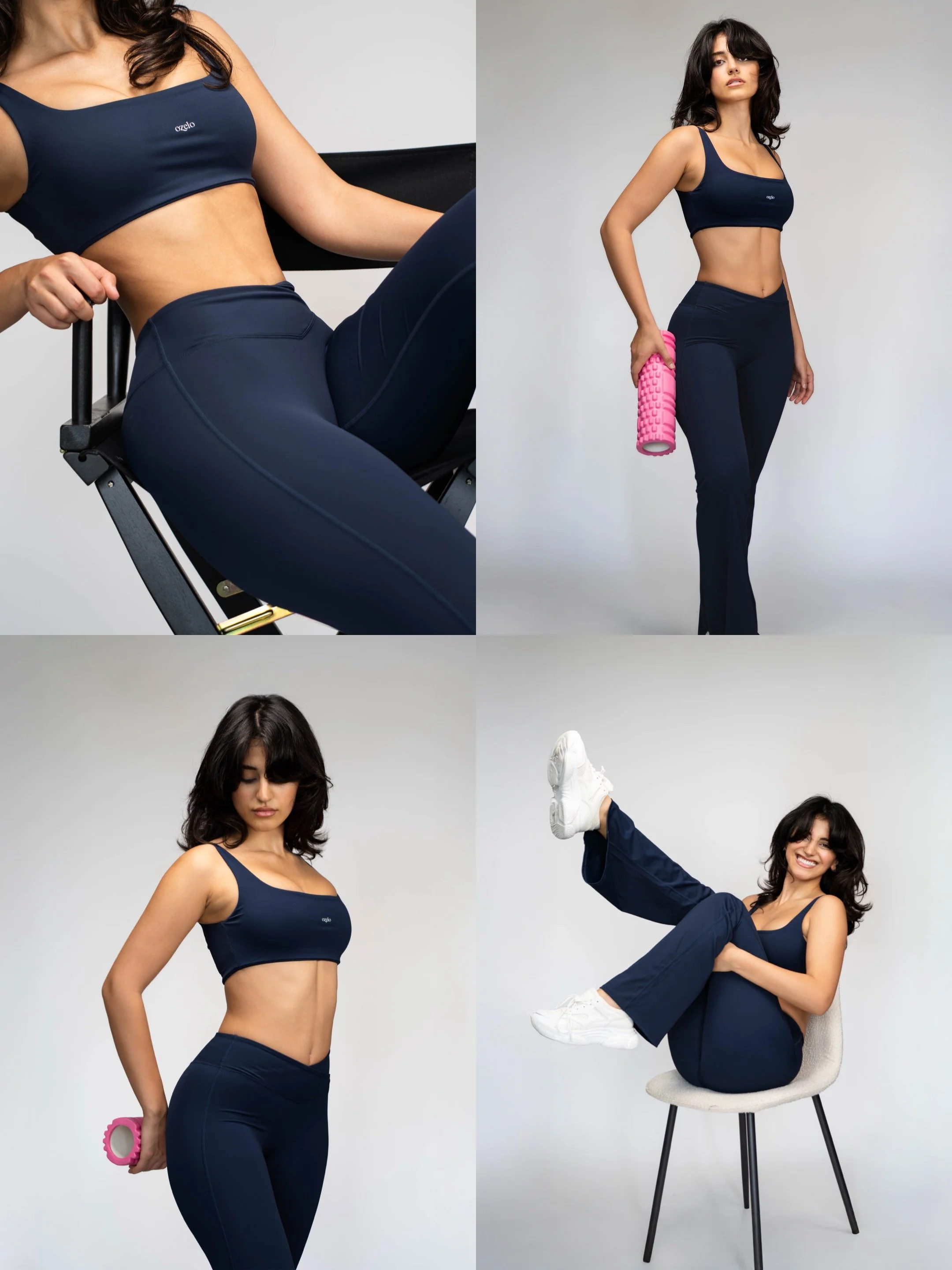 Woman modeling navy blue activewear during a creative branding photoshoot for OZELO in a minimalist Toronto condo studio, featuring editorial fashion photography, cinematic lighting, wellness-inspired props, and modern movement-based posing.