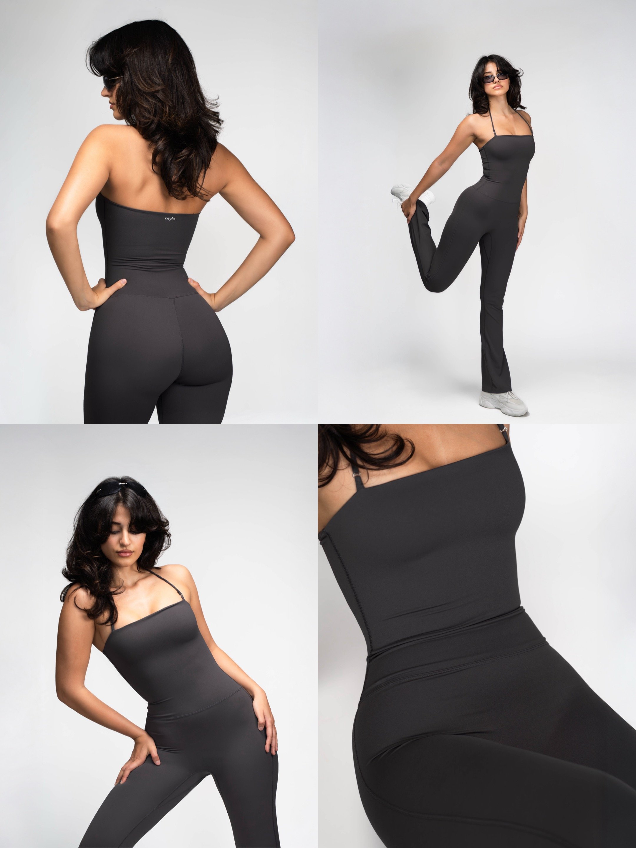 Woman modeling black activewear during an editorial branding photoshoot for OZELO inside a minimalist Toronto condo studio, featuring cinematic fashion photography, modern styling, movement-based posing, and clean neutral studio lighting.
