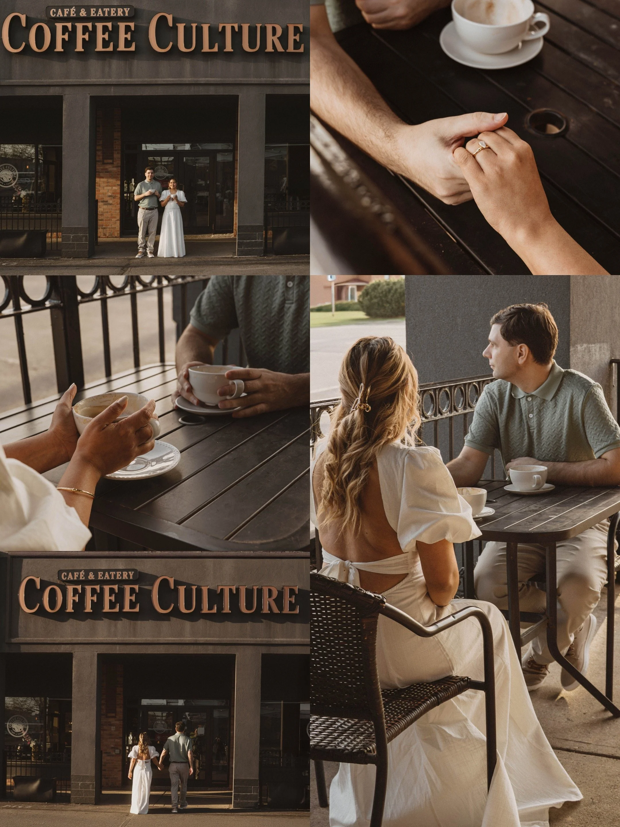Couple recreating their first date at Coffee Culture Café in Hamilton, Ontario, holding hands and enjoying coffee during a romantic engagement session