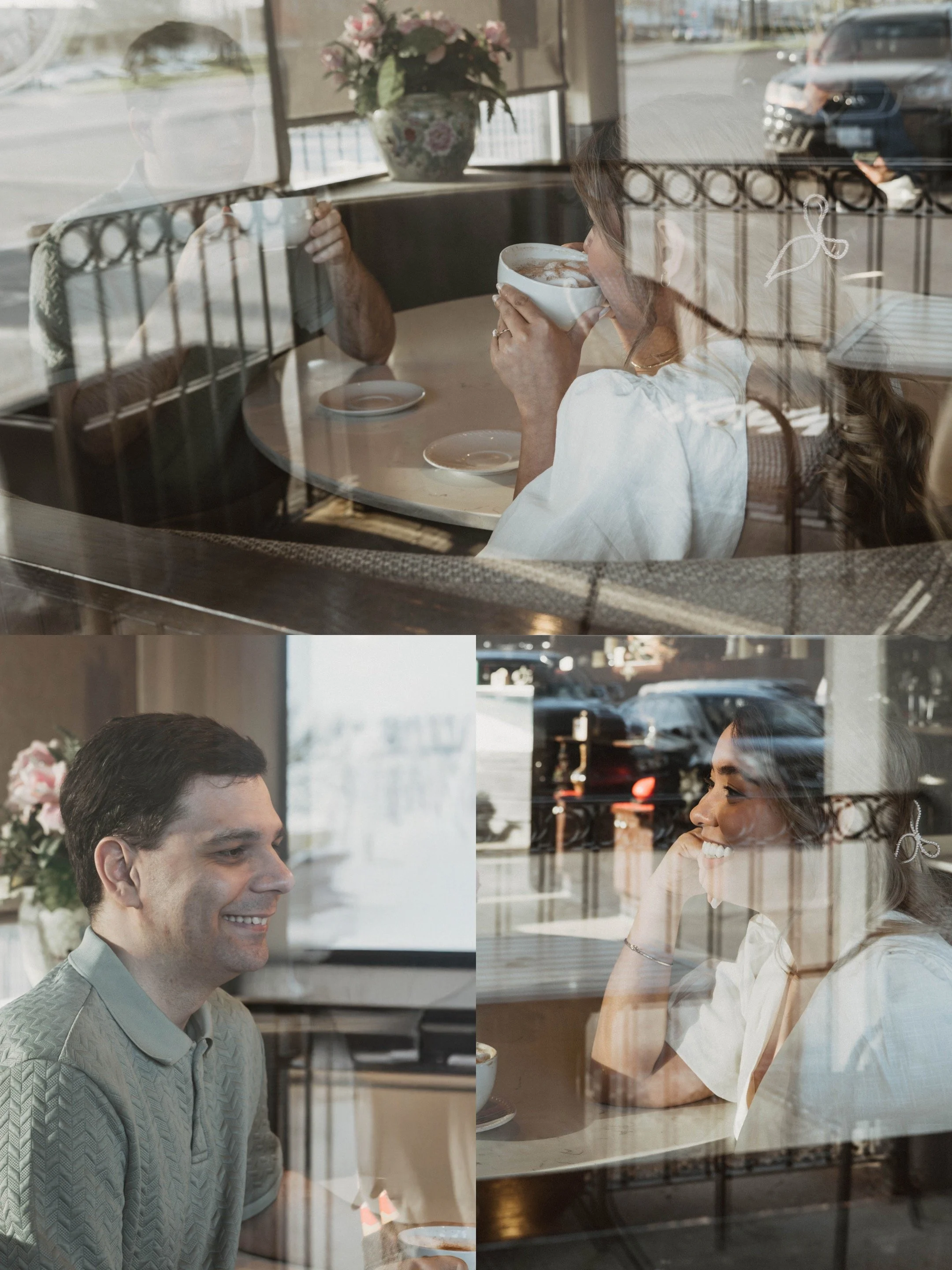 Couple enjoying coffee together inside a café during an engagement session in Hamilton, Ontario, captured through window reflections for a cinematic, storytelling feel