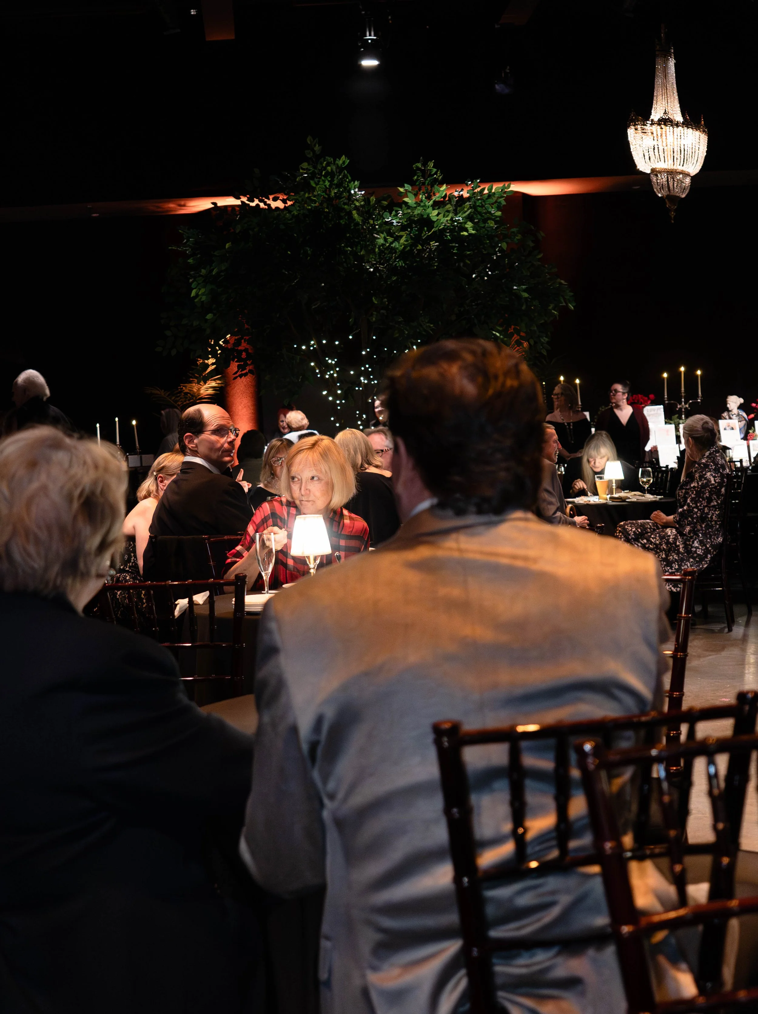 People seated at round tables in a dimly lit banquet hall with a large chandelier hung from the ceiling, a big green tree with small lights behind a table with candles, and some waitstaff in the background.