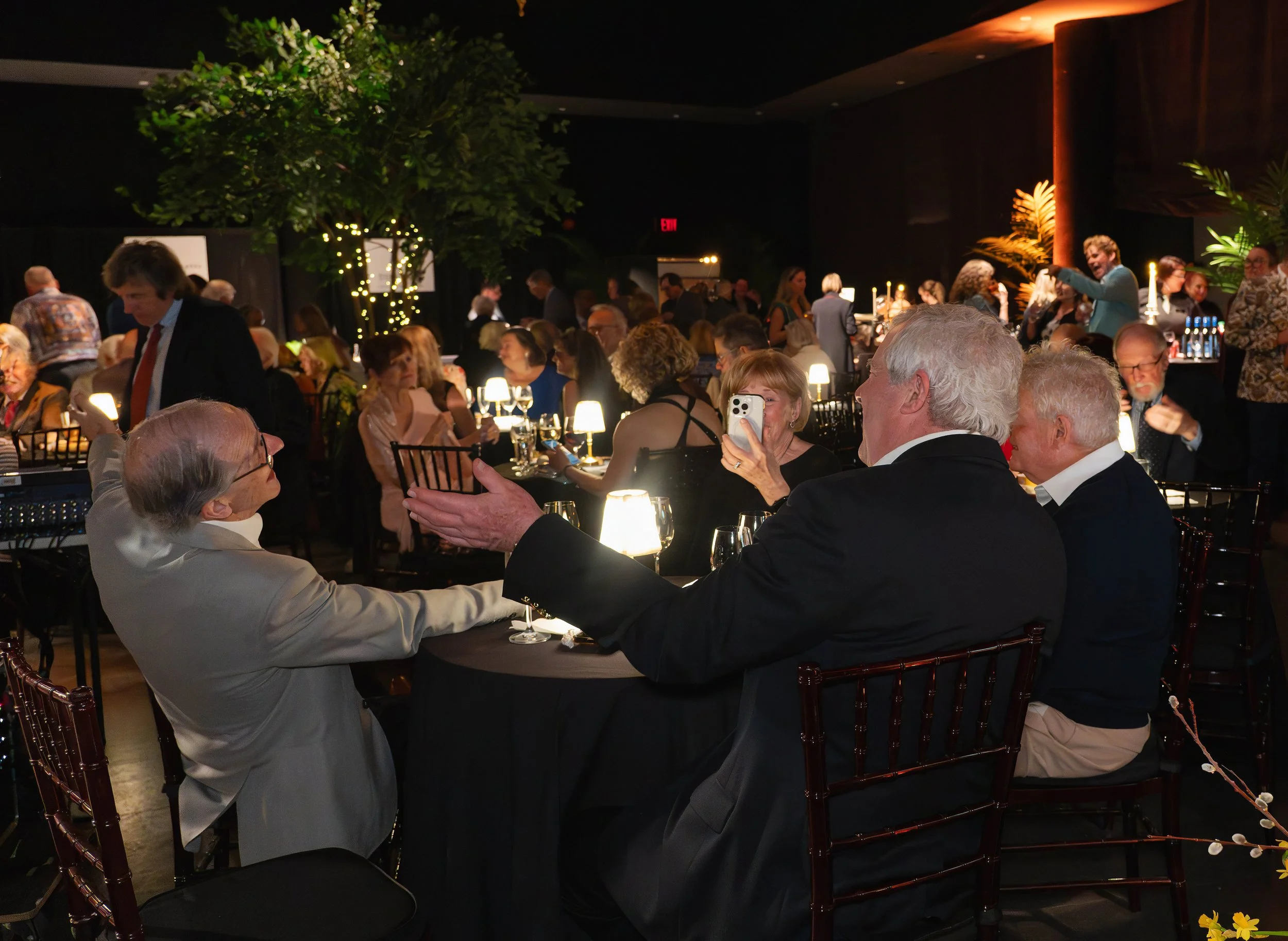 An elegant evening event with many guests seated at tables, some talking, and others taking photos. The room is decorated with small lamps on each table, string lights on a large tree, and lush green plants, creating a sophisticated atmosphere.