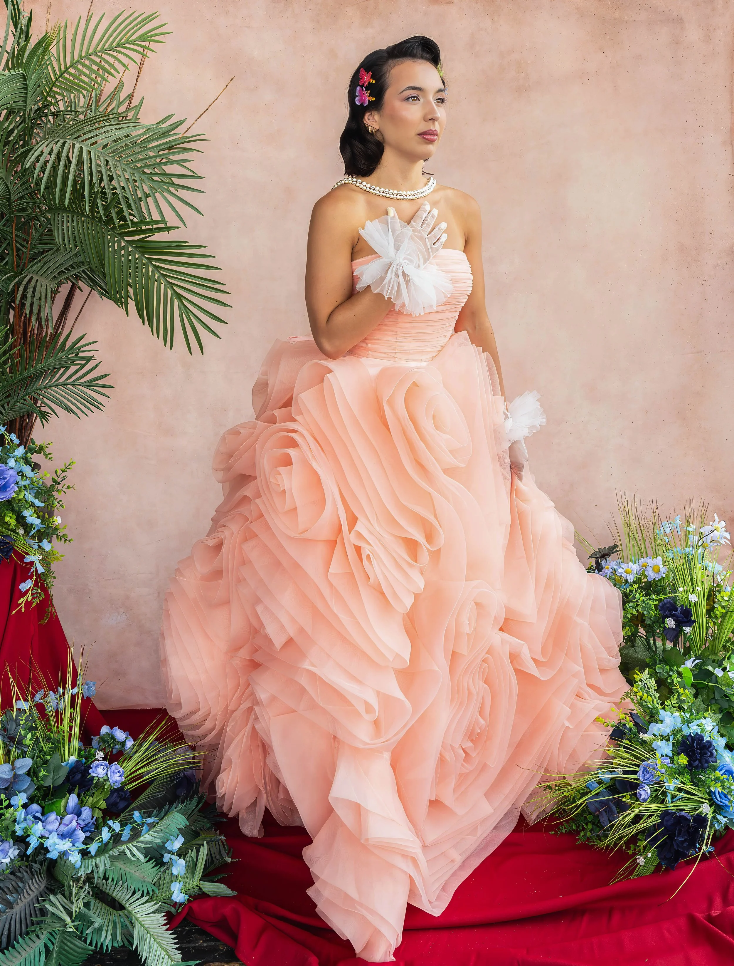 Canadian figure skater Lia Pereira photographed in a peach couture gown during Lara Grace Creative Studio’s Olympic athlete editorial photoshoot in Toronto.