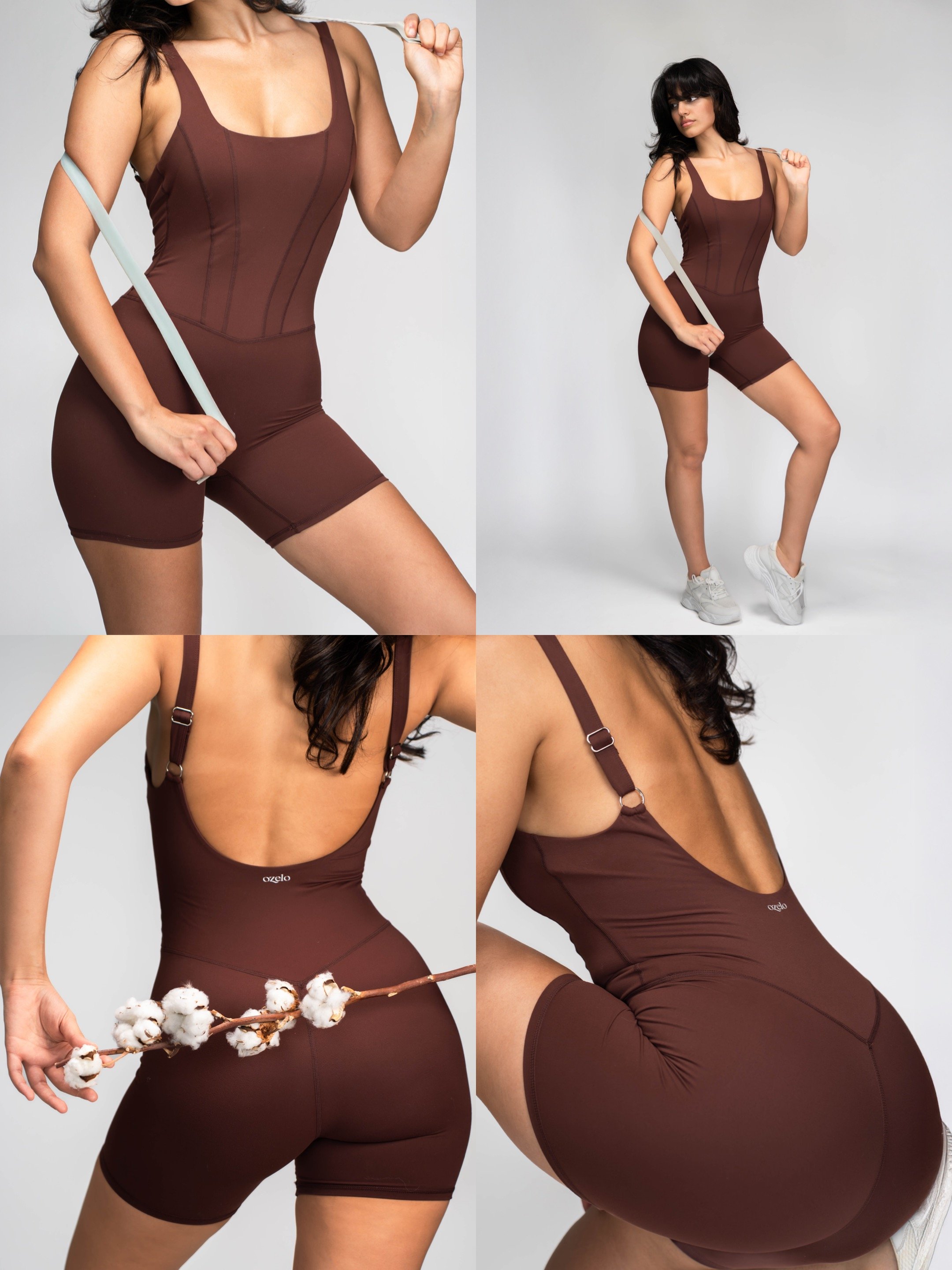 Woman modeling brown OZELO activewear during a minimalist editorial studio photoshoot in Toronto.
