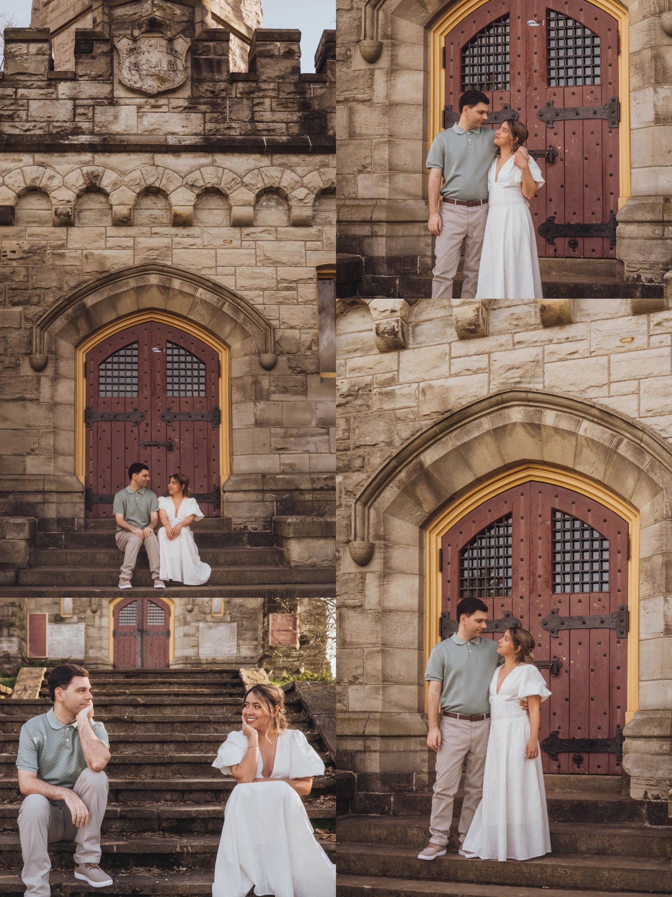Couple standing together during an engagement session at Battlefield Park in Hamilton, Ontario, in front of historic castle-like stone architecture and arched wooden doors