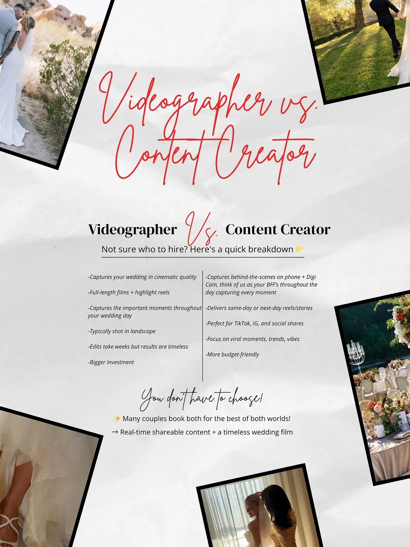 Let’s talk Videographer vs Content Creator. 
Not sure the differences of a videographer vs Content Creator for weddings? Not sure who to hire? I’m breaking it down here 👉🏼 
Personally, if budget allows hire both! Videographer = cinema