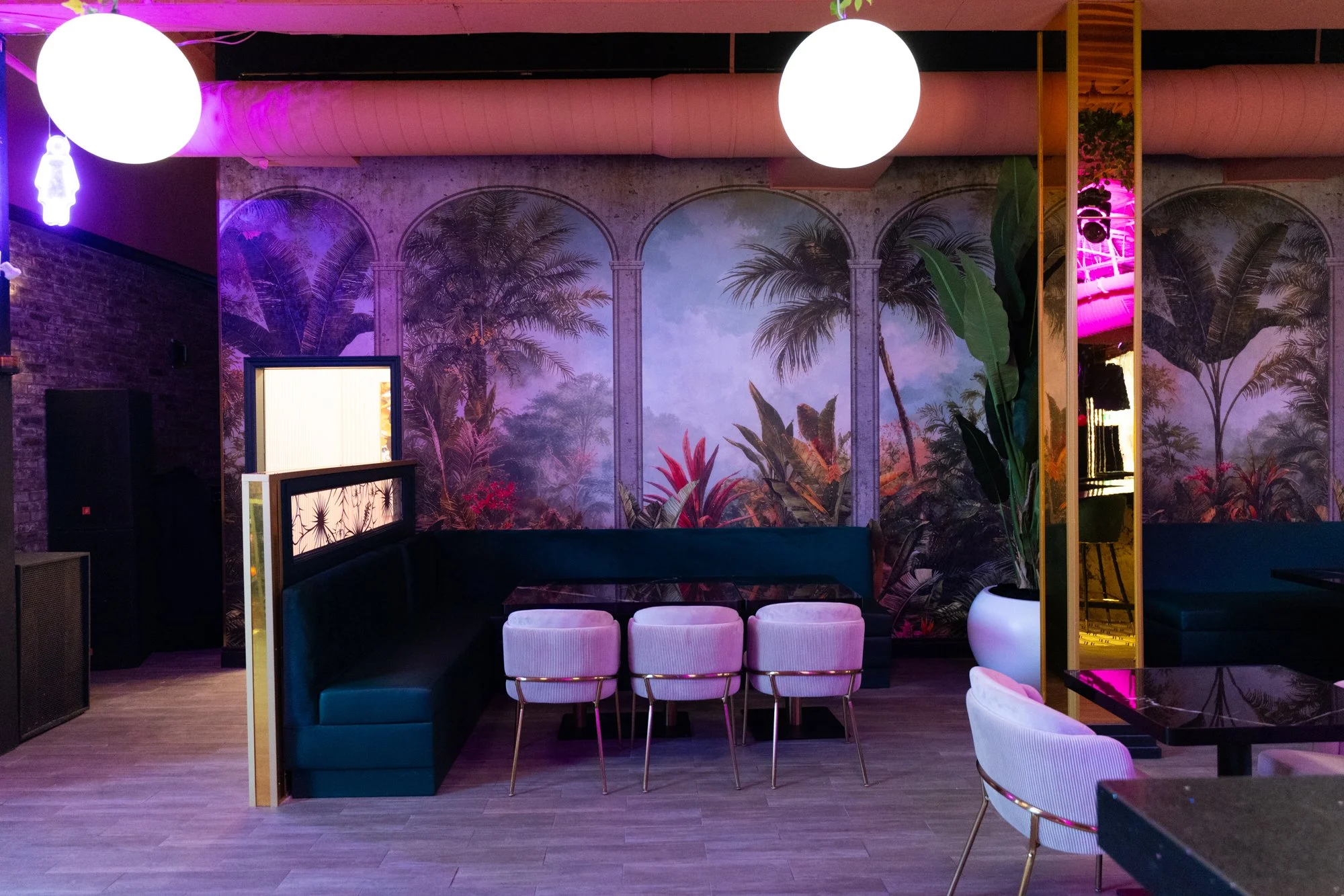 Interior of a modern lounge with tropical-themed mural wall, seating including white chairs and a black booth, large potted plant, decorative partitions, and pink and purple lighting.