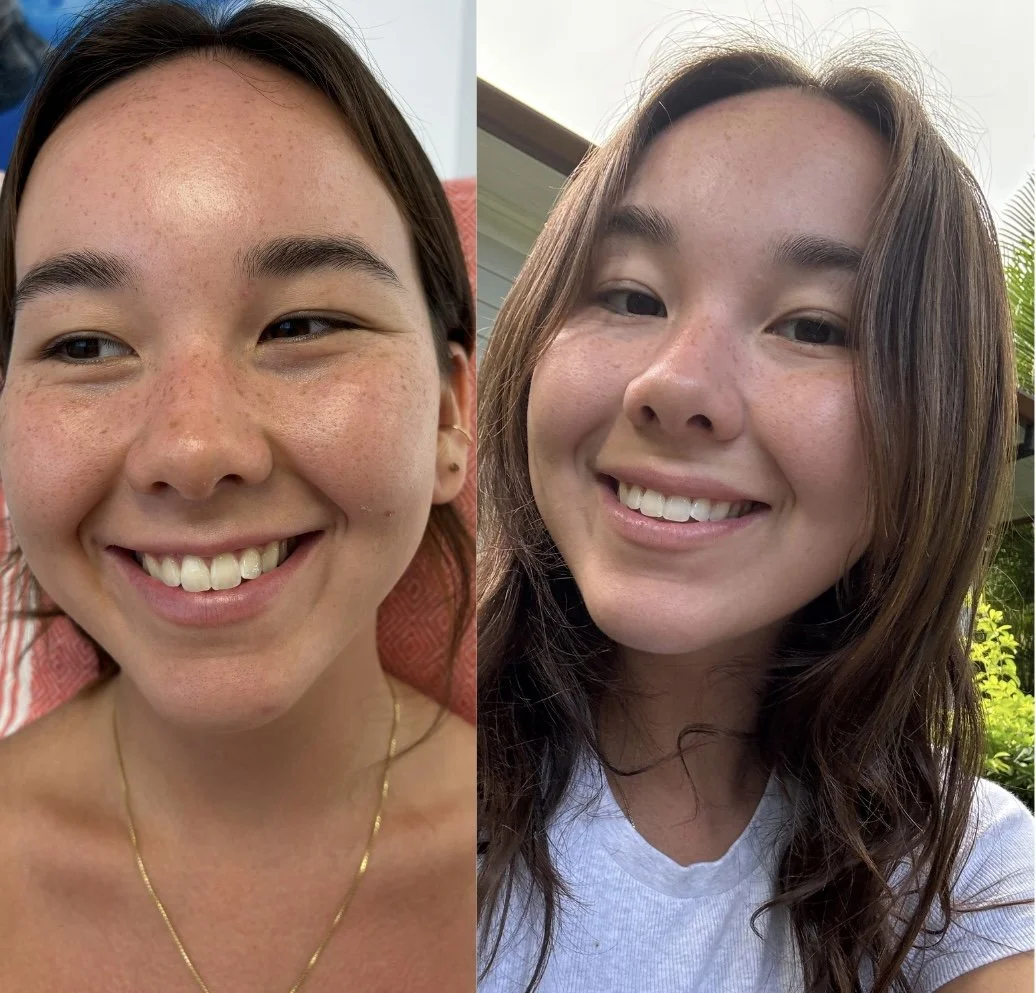 Side-by-side photos of two young women with light skin and freckles, smiling at the camera. The woman on the left has dark hair, a gold necklace, and is indoors with a pink background. The woman on the right has brown, wavy hair, and is outdoors with