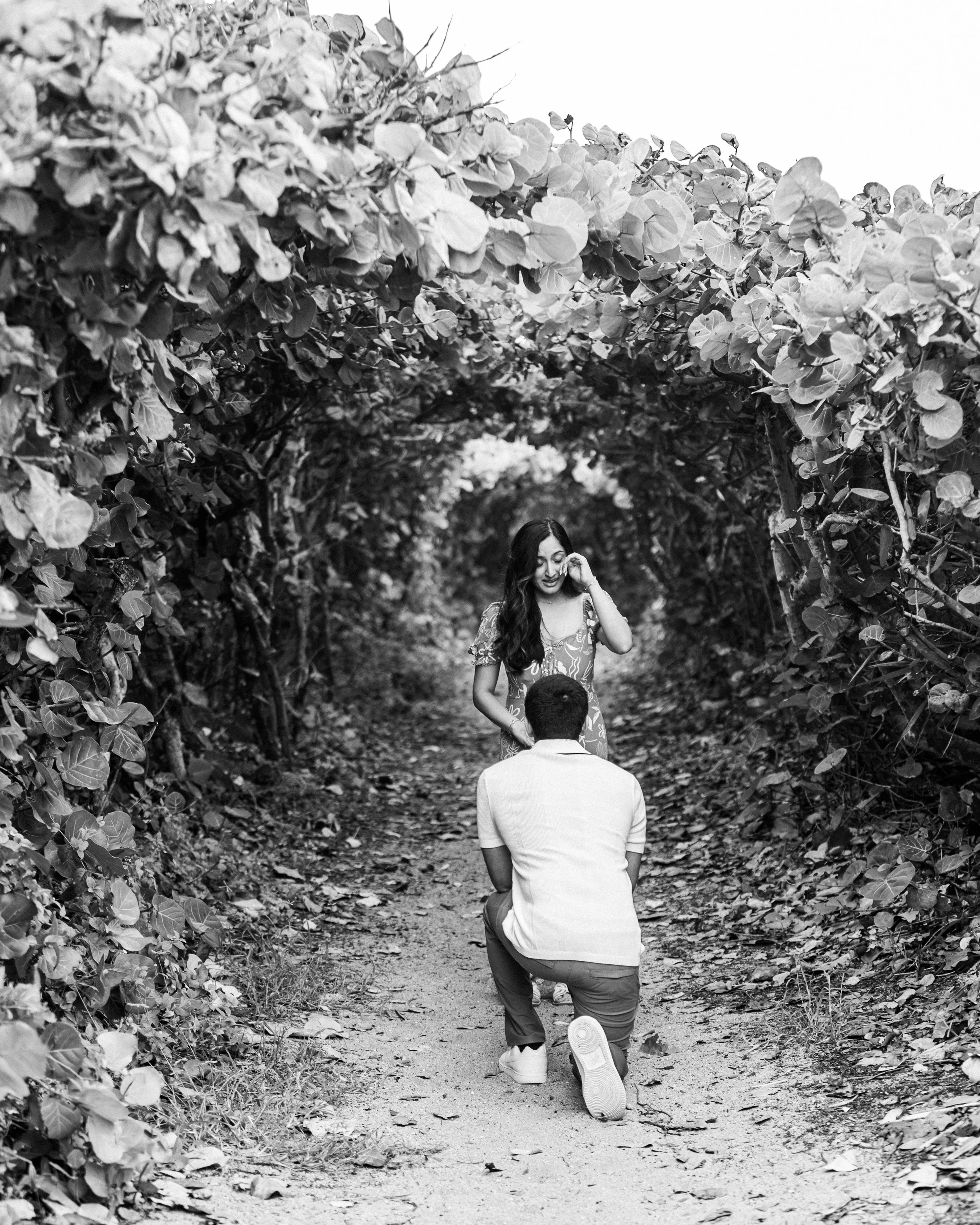 A man kneeling on one knee proposing to a woman in a tunnel of lush foliage on a dirt path.