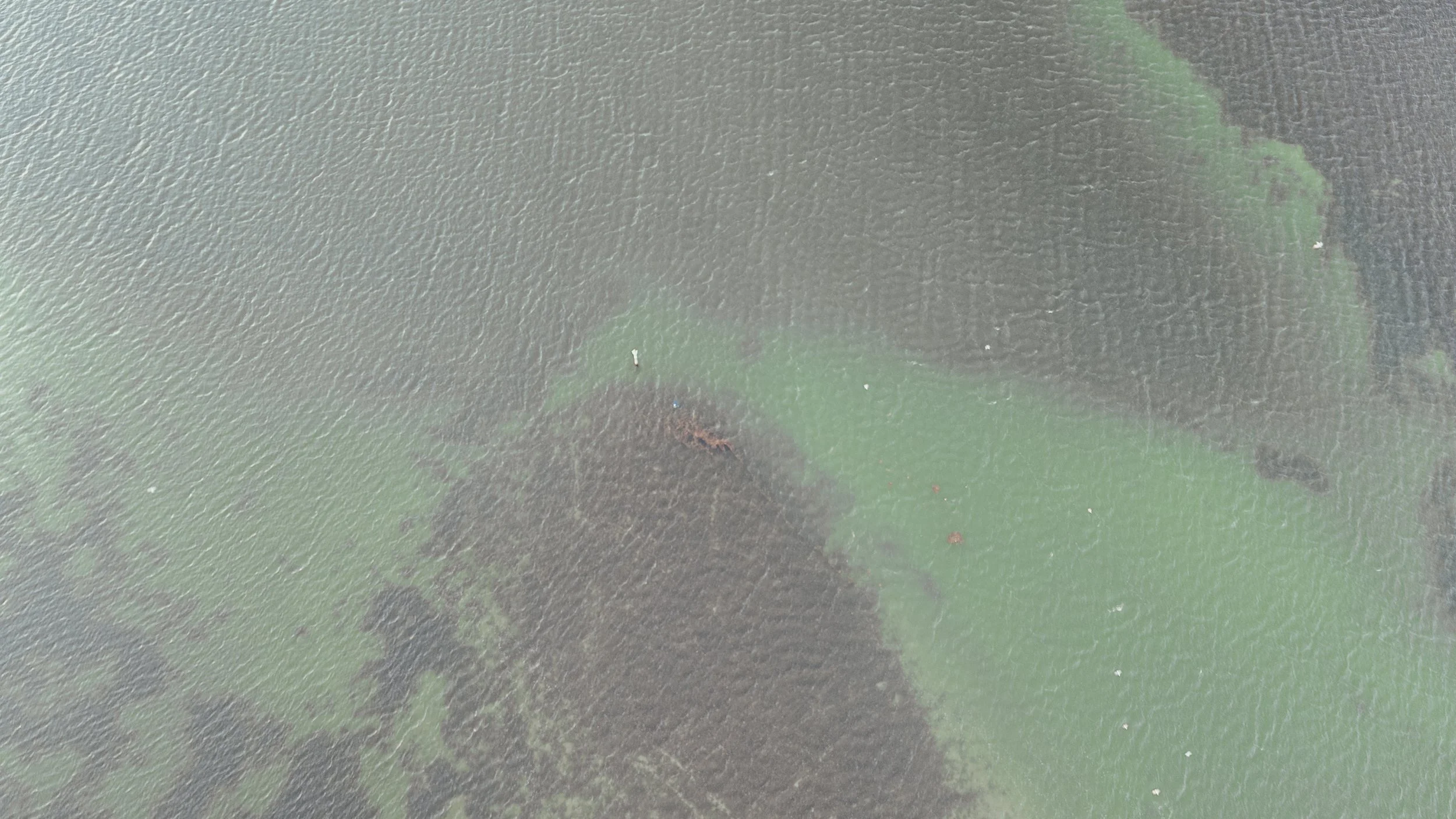 An aerial view of a dark landmass surrounded by green water with some boats near the shore.