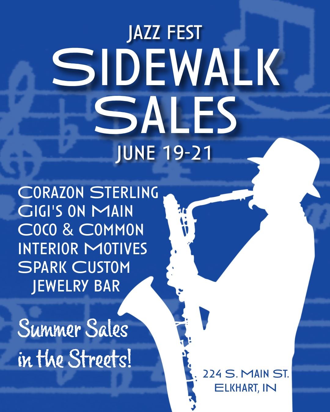 You've heard of dancing in the streets, but now you can shop in the streets too! Join us during the Elkhart Jazz Festival to listen to sweet music while you shop sweet sales at @corazonsterling, @sparkpermanentjewelrybar, @gigiselkhart, @cocoandcommo