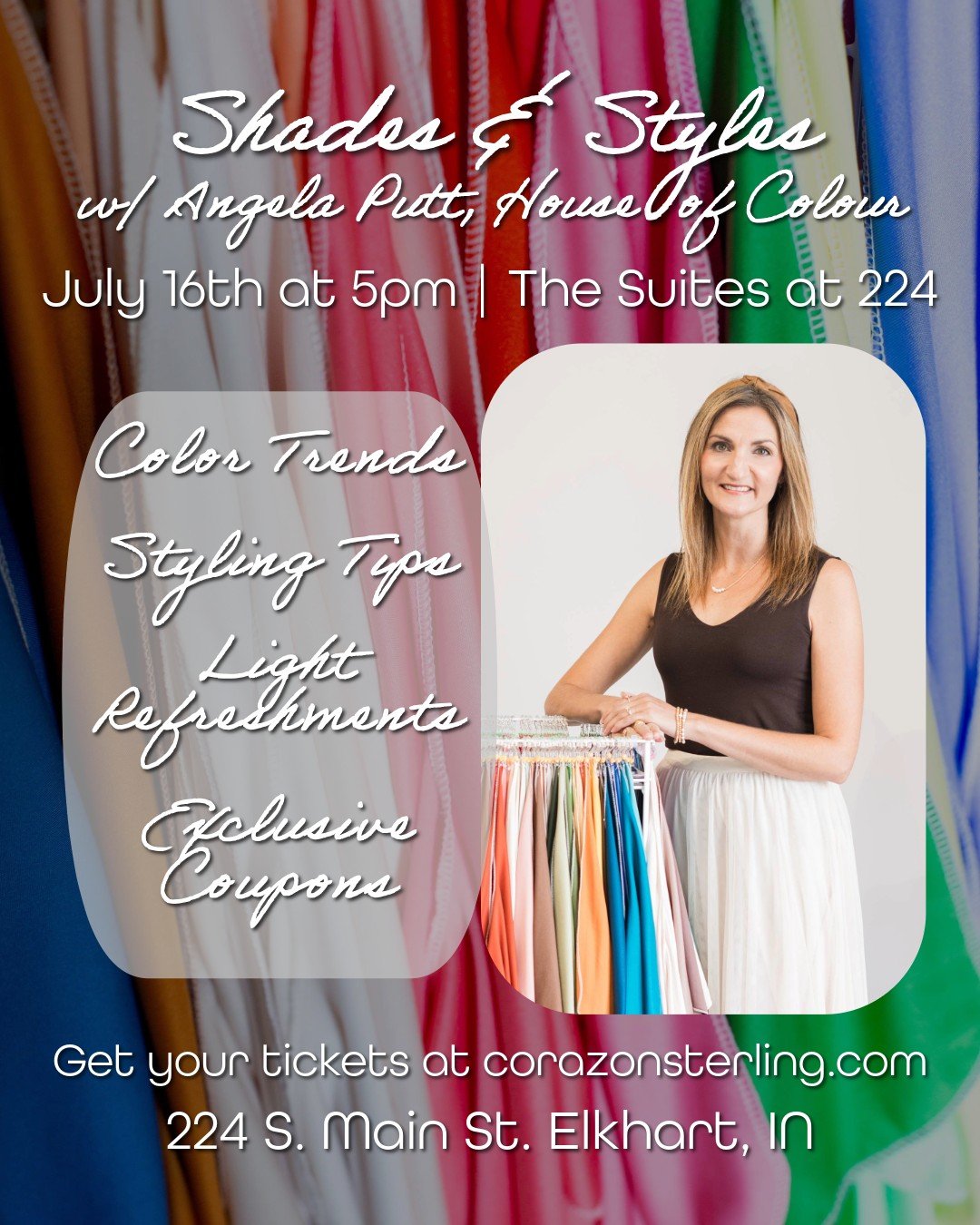 EDIT: EVENT RESCHEDULED to August 27th
Shop the Suites with a stylist at your side! Angela Putt from House of Colour will begin the evening with a short presentation on color trends, then lead the class through each of the boutiques, using their styl