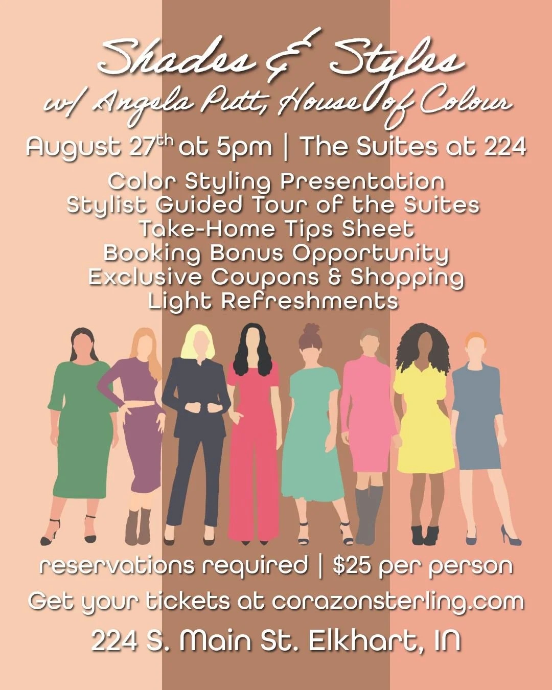 We're excited to host stylist Angela Putt from (@houseofcolour_grangermishawaka)  for an evening of fashionable education 😉. Join us for light bites, exclusive coupons and access to a booking bonus from Angela if you setup an appointment with her at