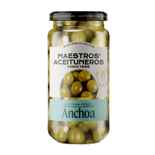 MAESTROS ACEITUNEROS - ACEITUNA VERDE CON HUESO SABOR ANCHOA  - GROENE OLIJVEN MET PIT EN ANSJOVISSMAAK - 345 gr