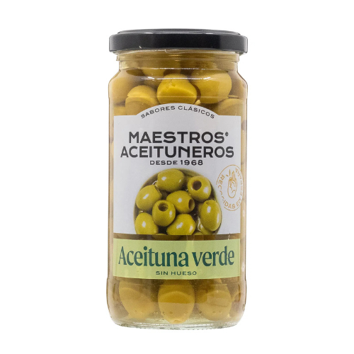 MAESTROS ACEITUNEROS - GROENE OLIJVEN ZONDER PIT - ACEITUNA VERDE SIN HUESO - 320 gr