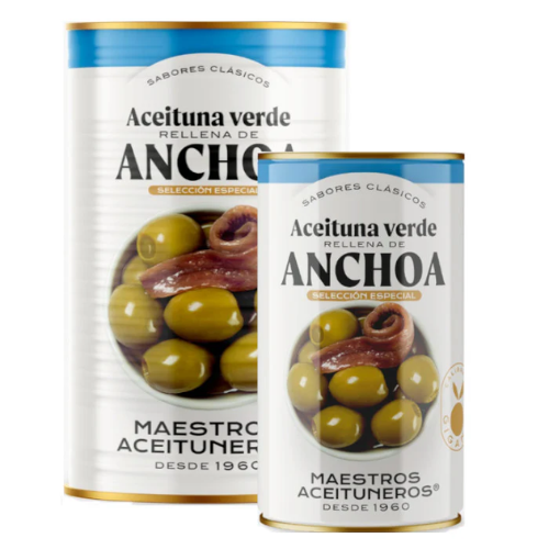 OLIJVEN GROEN GEVULD MET ANSJOVIS - ACEITUNAS VERDES RELLENAS DE ANCHOA - 1,5 KG - MAESTROS