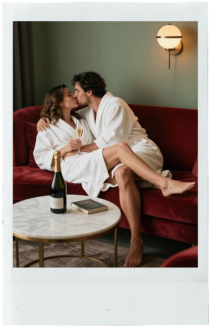 A couple in white bathrobes kissing on a red sofa in a cozy living room, with a champagne bottle and glass on a round marble coffee table, a book beside the bottle, and a wall-mounted light fixture on the wall.