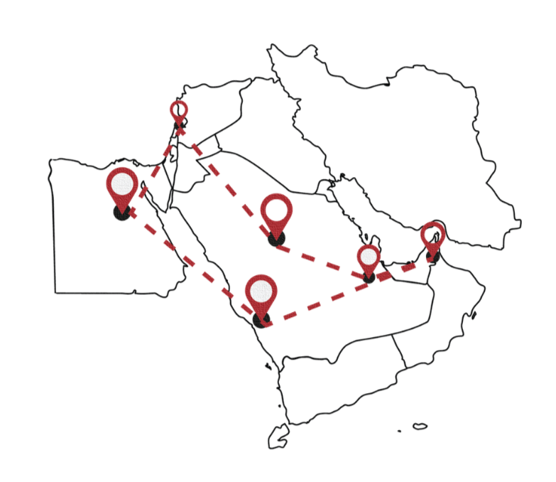 Map of the Middle East showing five countries with a dashed red line connecting key cities.