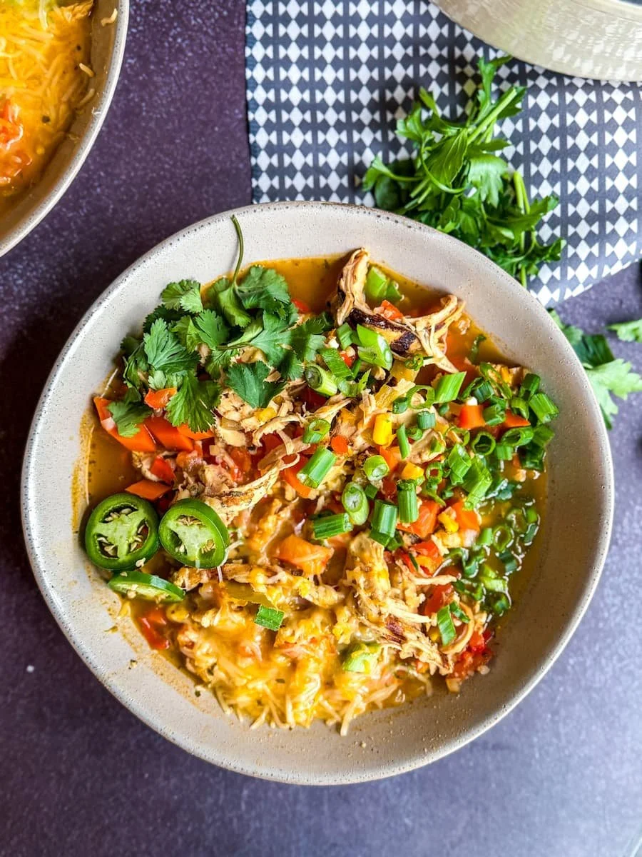 overhead shot of white chicken chili - white chicken chili crock pot