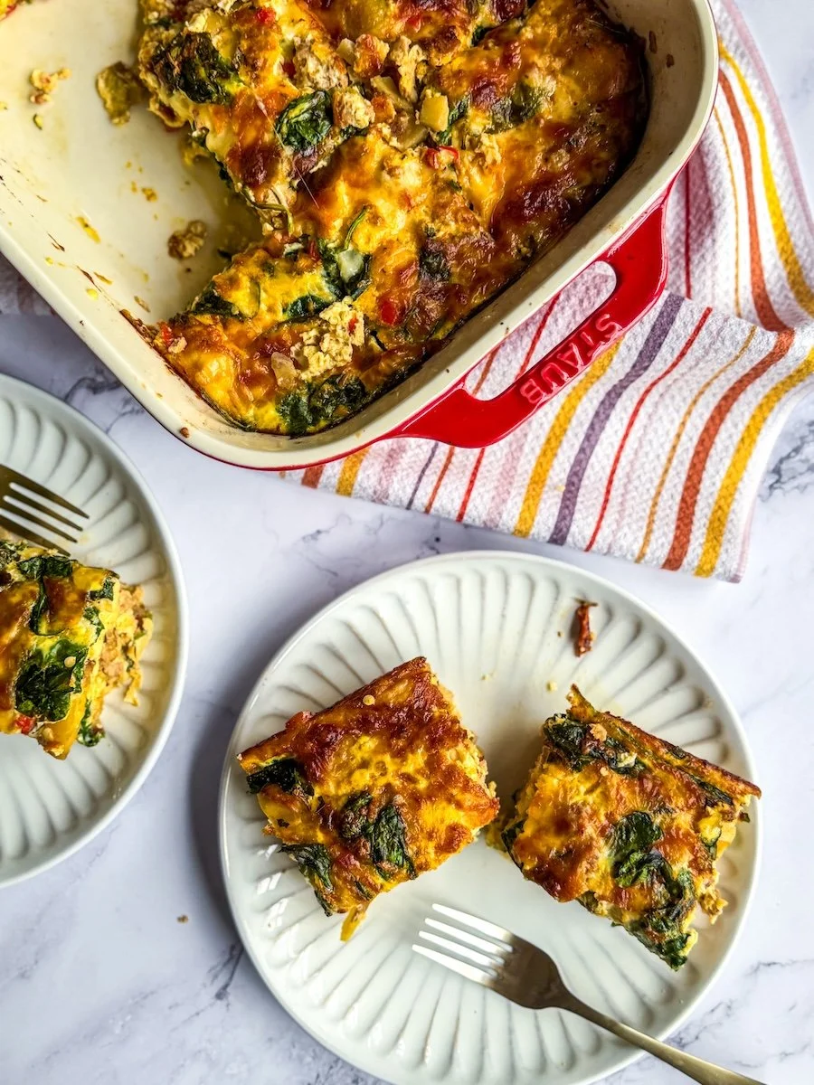 gluten free breakfast casserole - overhead photo of slices of casserole on plates