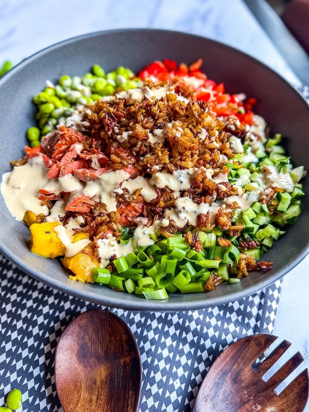 high proteinn crispy rice salmon salad