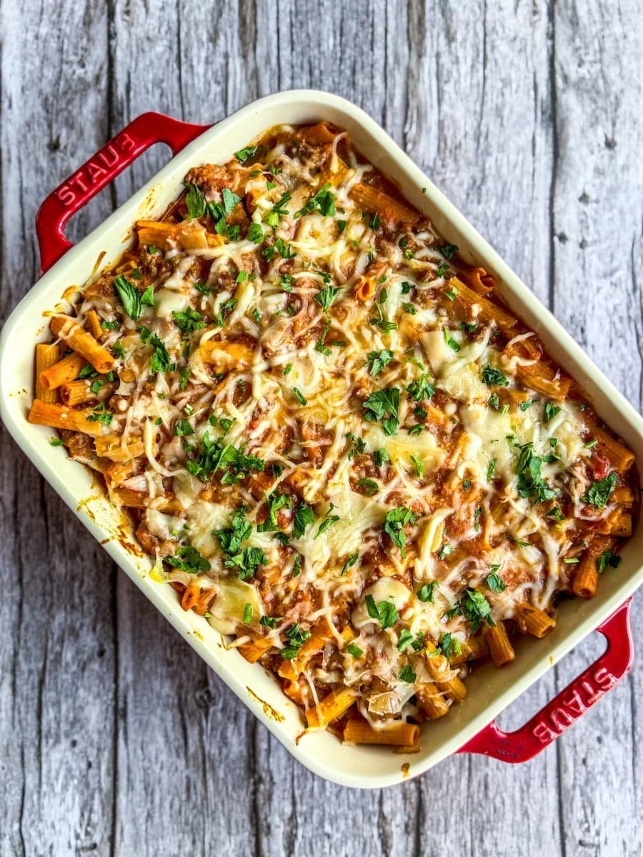 overhead shot of a pan of protein pasta
