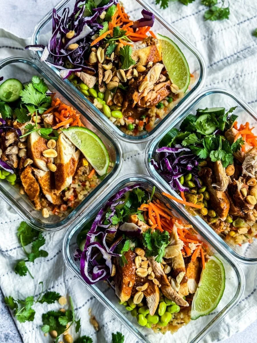 overhead photo of chicken bowls with peanut sauce
