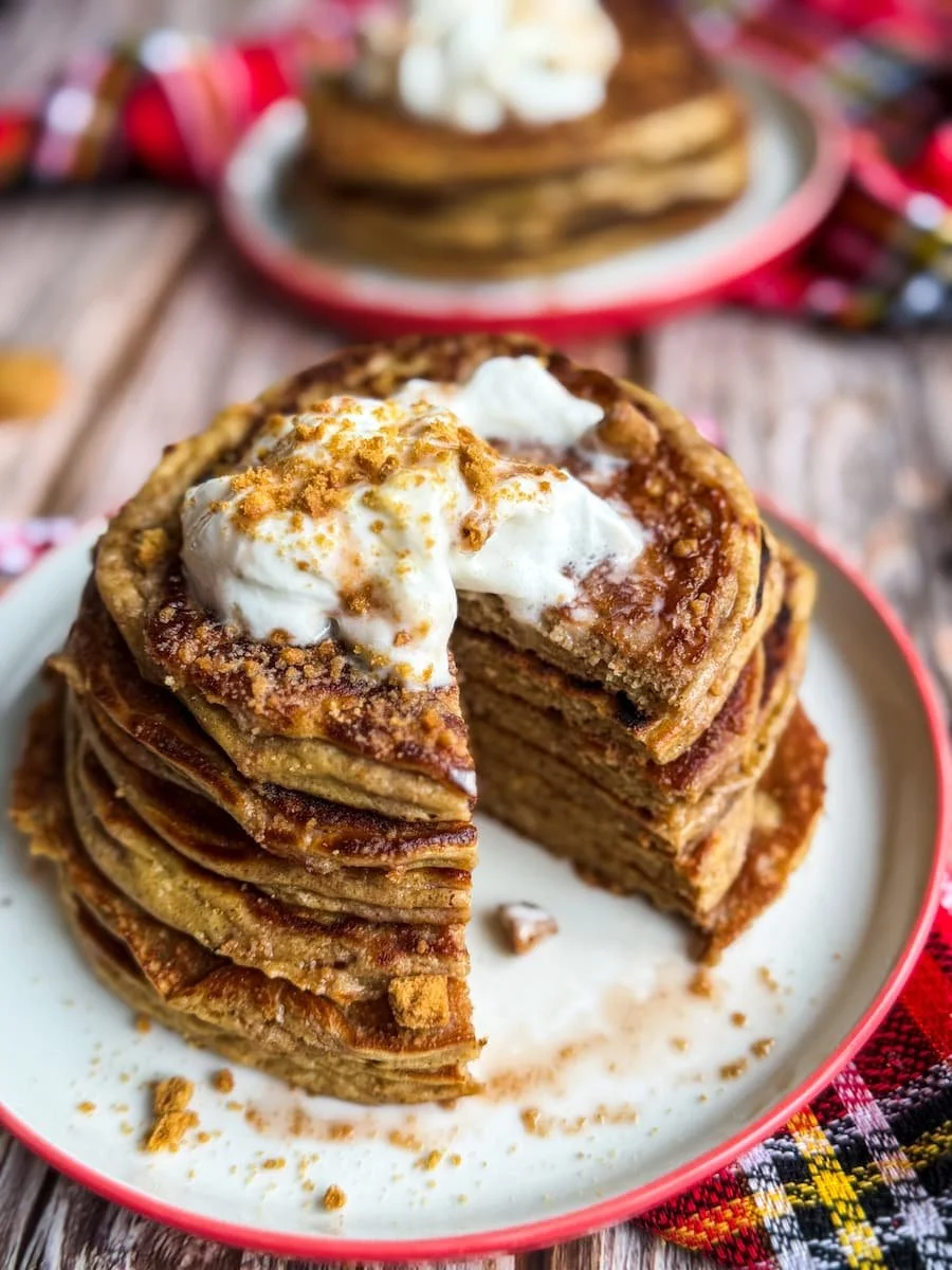 gingerbread protein pancakes / protein pancake recipe - stack of gingerbread protein pancakes on a plate