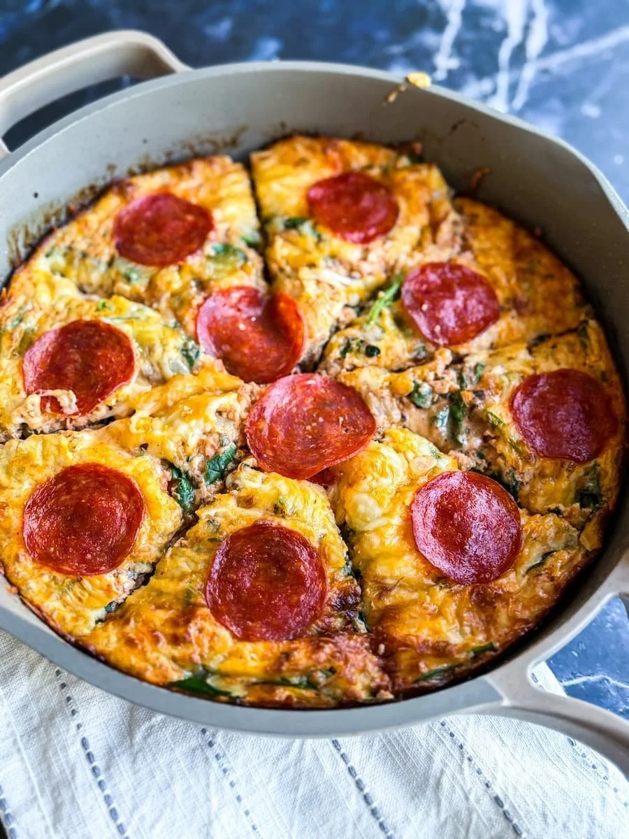 close-up photo of high protein low carb breakfast pizza frittata