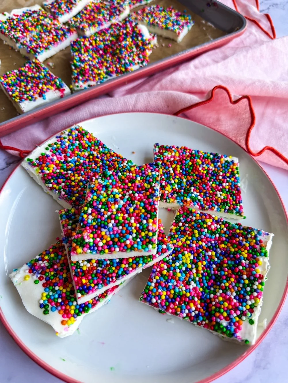 high protein dot cake yogurt bark