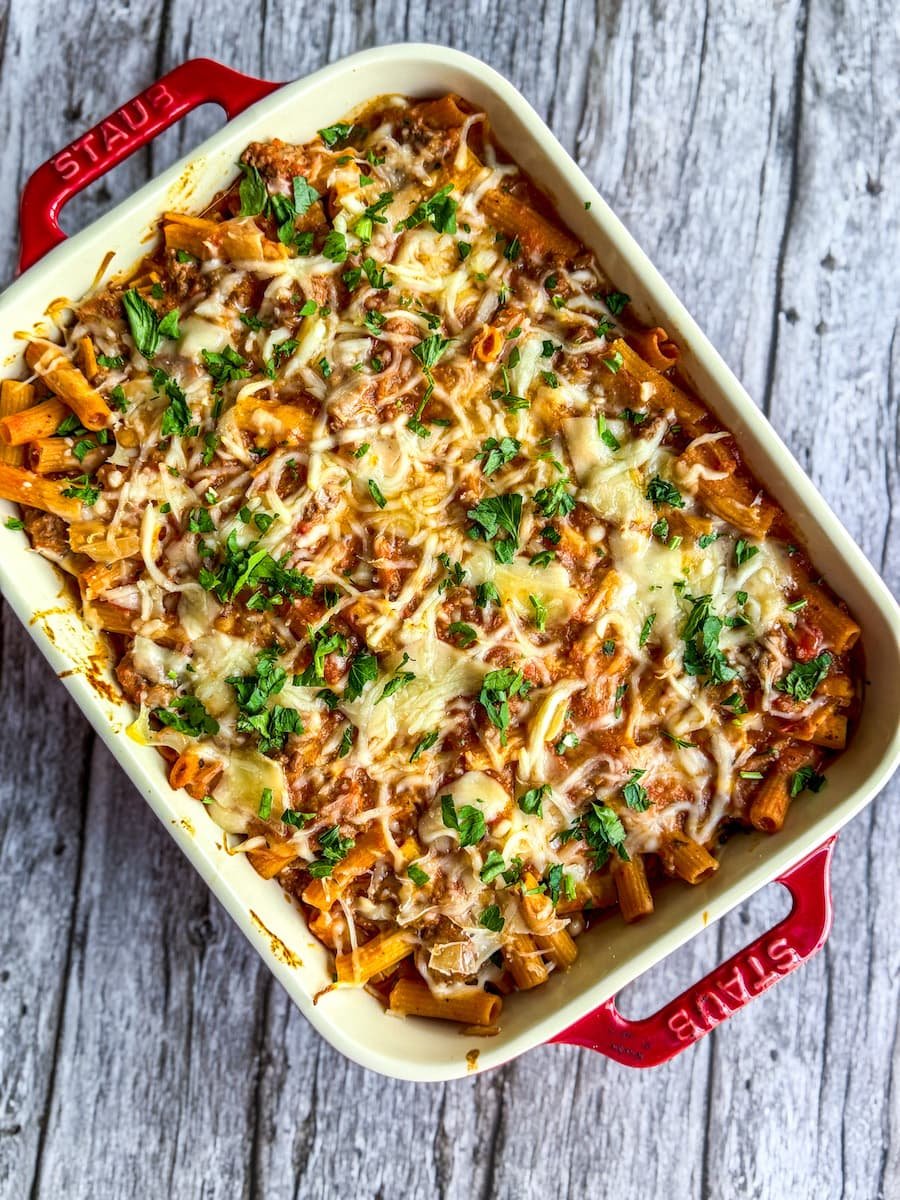 overhead shot of a baking dish of protein pasta
