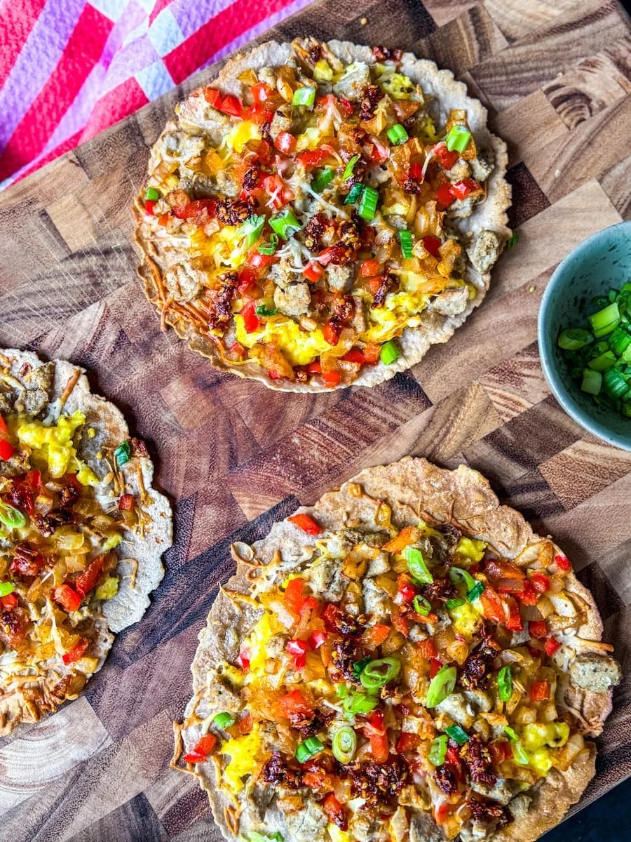 Crispy Breakfast Tostadas with Chicken Sausage & Eggs — Protein Snack Queen